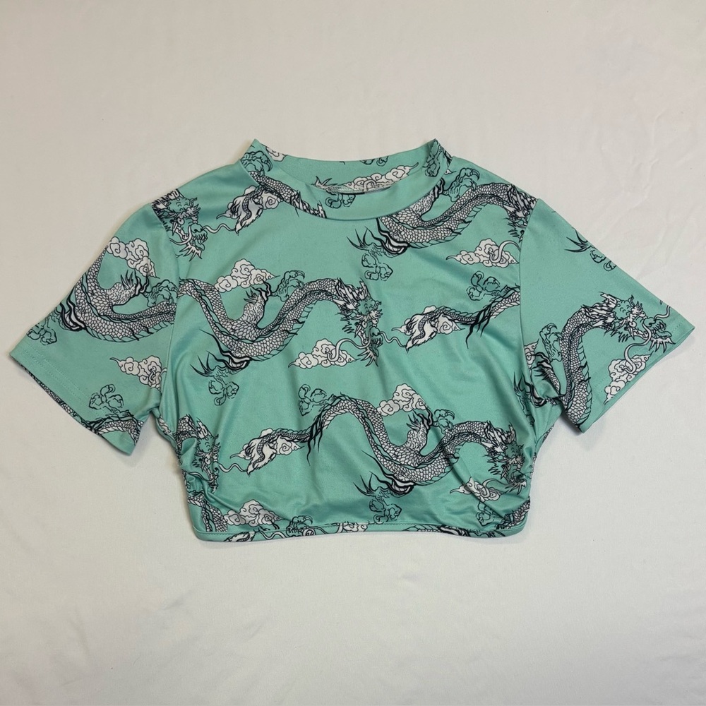 SHEIN Blue Dragon Print Open Back Crop Top Medium